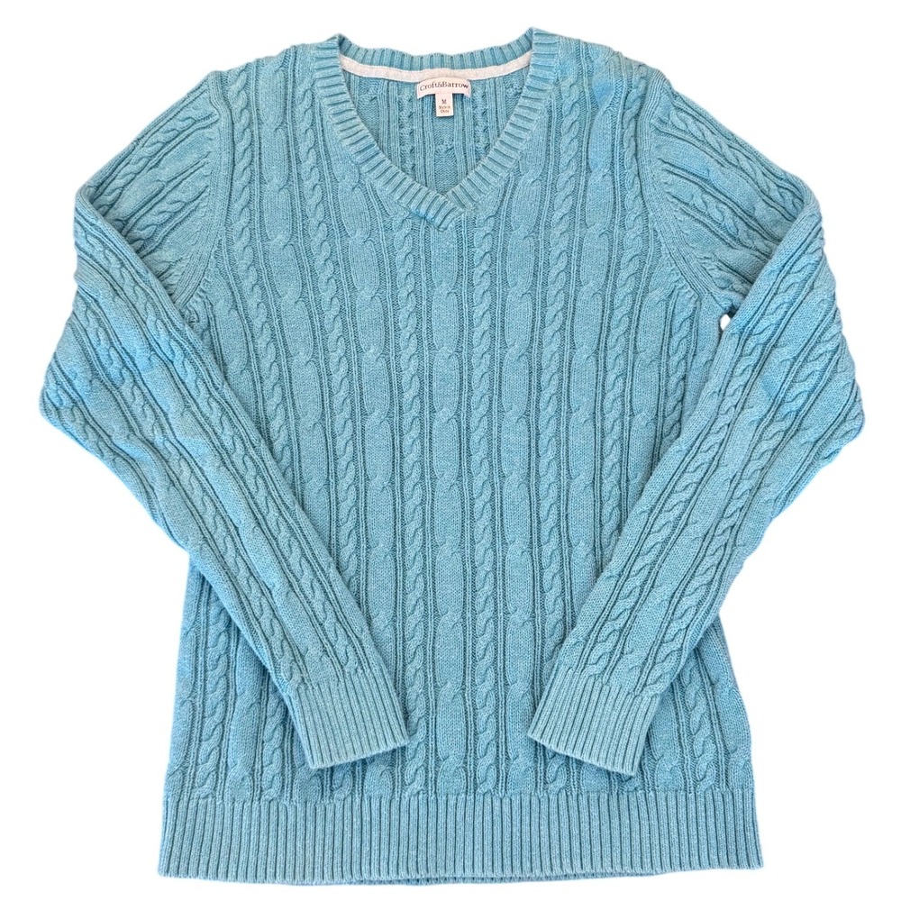 Croft & Barrow Womens Blue Cable Knit V-Neck 100% Cotton Sweater Size M